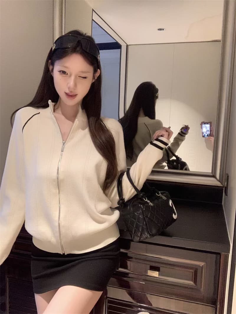 레트로 배색 지퍼 니트 스탠드 칼라 여성 코트 가을 2026 새로운 캐주얼 슬림해 보이는 오픈 가디건 긴팔 맨위 트렌디 상세 이미지 1
