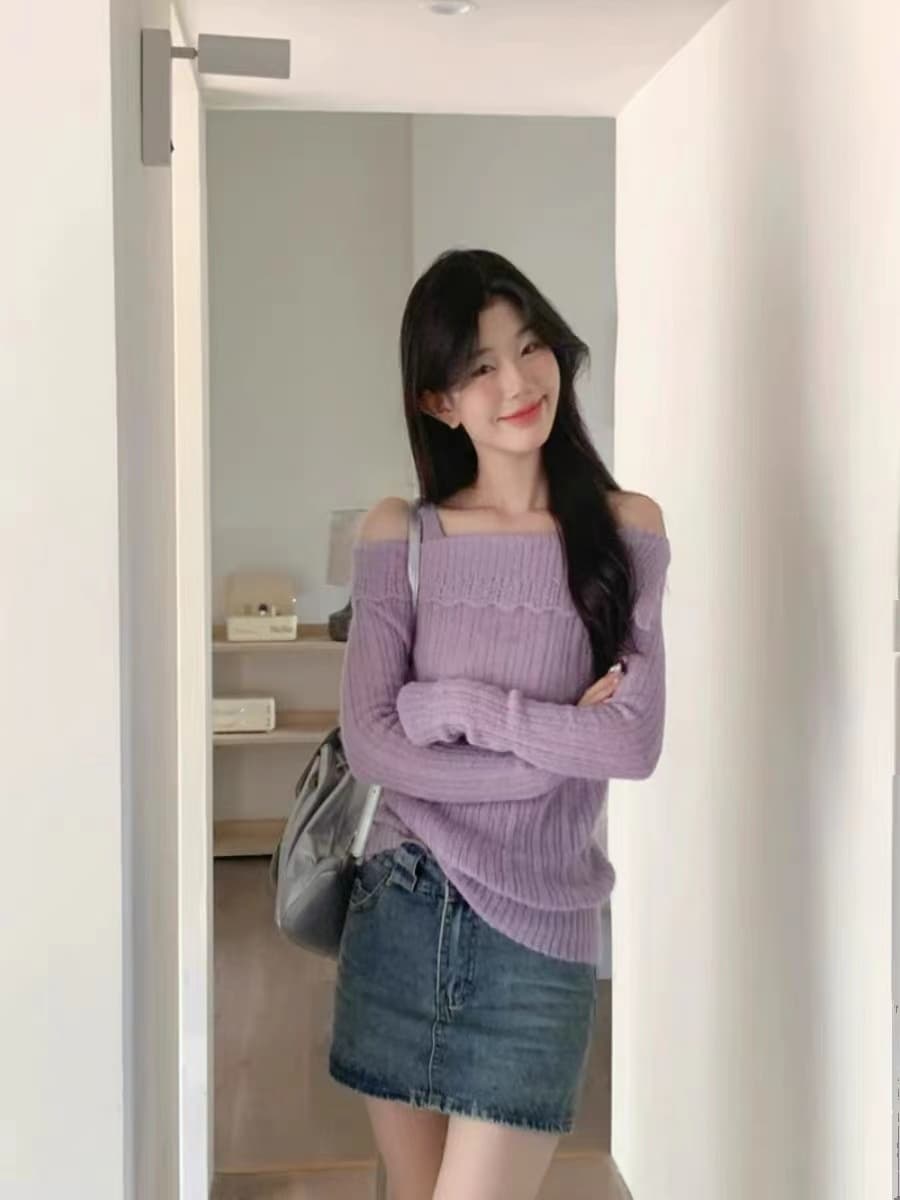 흔들어서 톤 주간 고양이 품질 오프숄더 슬립 니트 스웨터 여성 가을 부드러운 연령 감소 몸매 가꾸기 슬림해 보이는 긴팔 맨위