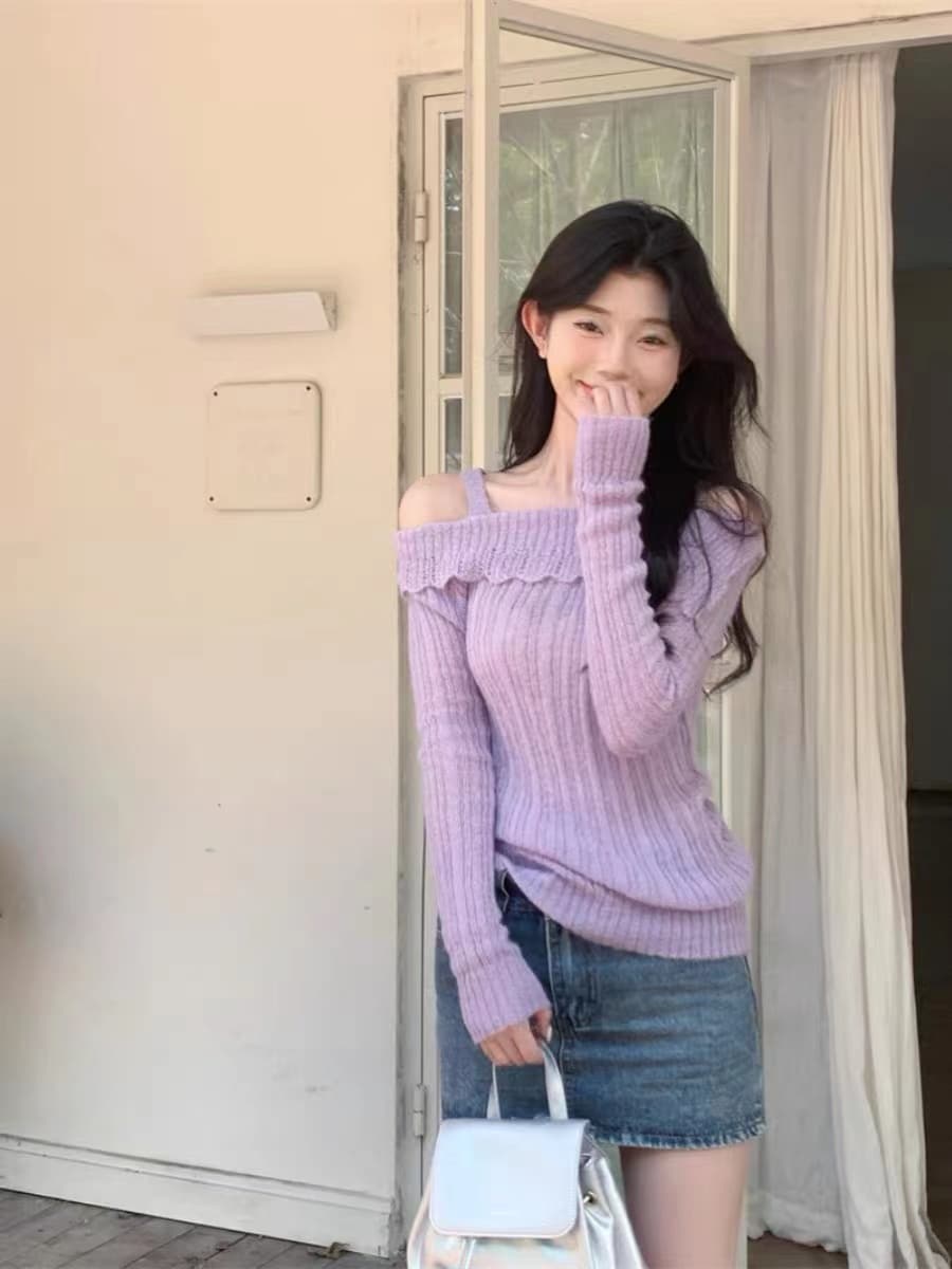 흔들어서 톤 주간 고양이 품질 오프숄더 슬립 니트 스웨터 여성 가을 부드러운 연령 감소 몸매 가꾸기 슬림해 보이는 긴팔 맨위 상세 이미지 3
