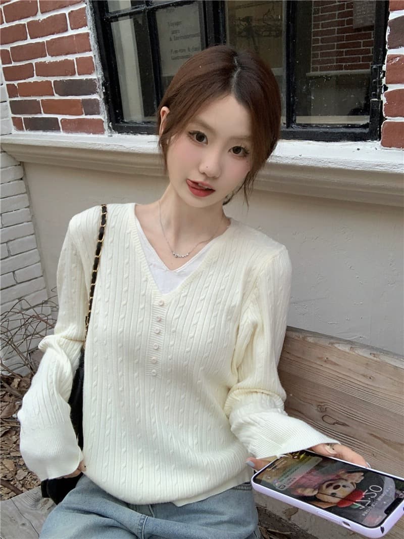 흔들어서 톤 주간 고양이 품질 느긋한 바람 디자인 센스 V넥 페이크 레이어드 니트 스웨터 슬림해 보이는 예쁜 스웨터 외출용 여성 의류 상세 이미지 7