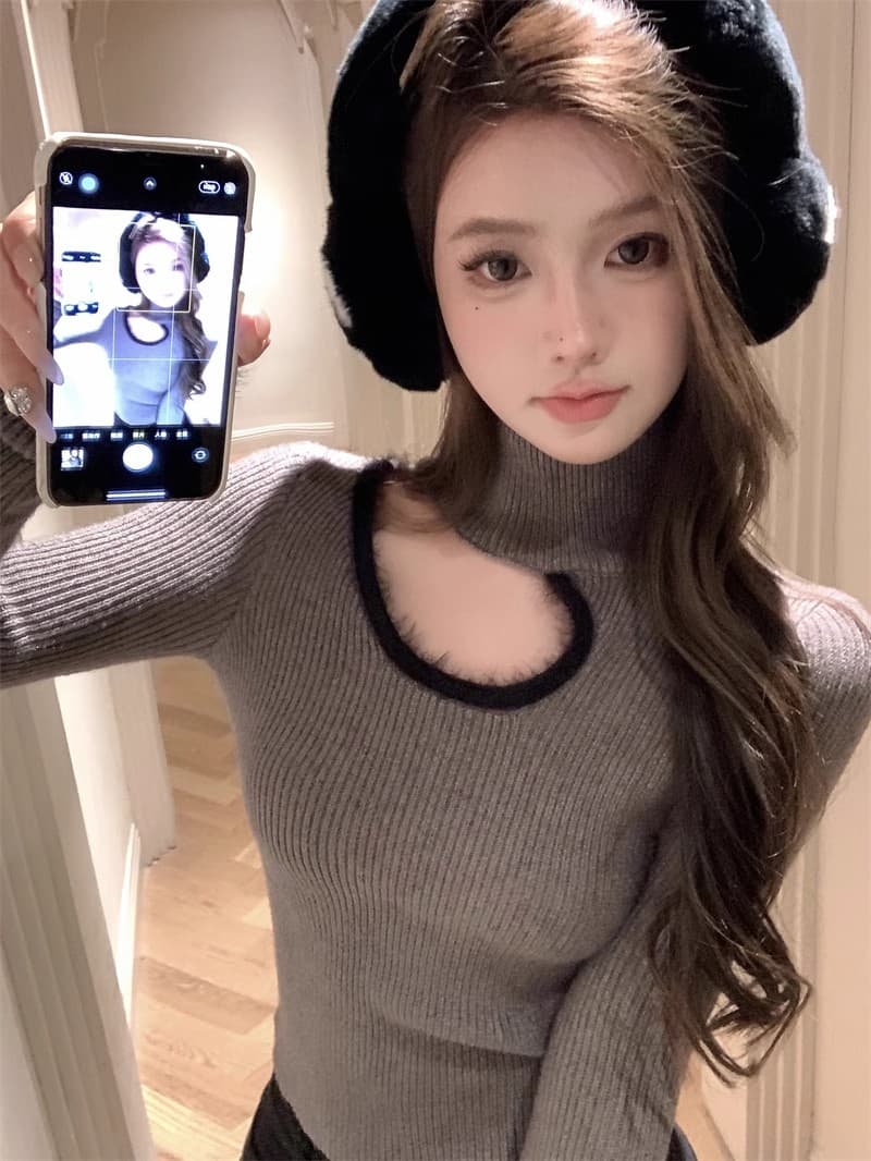 회색 홀로우 아웃 모피 터틀넥 니트 스웨터 여성 봄 가을 허리 수축 인사이드 가져 가라. 스웨터 긴팔 품격 기본 셔츠 맨위 이미지 4