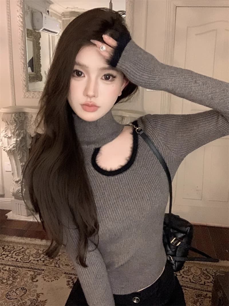 회색 홀로우 아웃 모피 터틀넥 니트 스웨터 여성 봄 가을 허리 수축 인사이드 가져 가라. 스웨터 긴팔 품격 기본 셔츠 맨위 상세 이미지 3