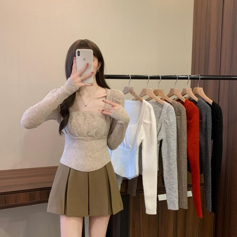 가을 겨울 광장 칼라 부드러운 바람 외출용 인사이드 가져 가라. 몸매 가꾸기 슬림해 보이는 니트 스웨터 여성 짧은 다용도 보온 기본 셔츠 맨위