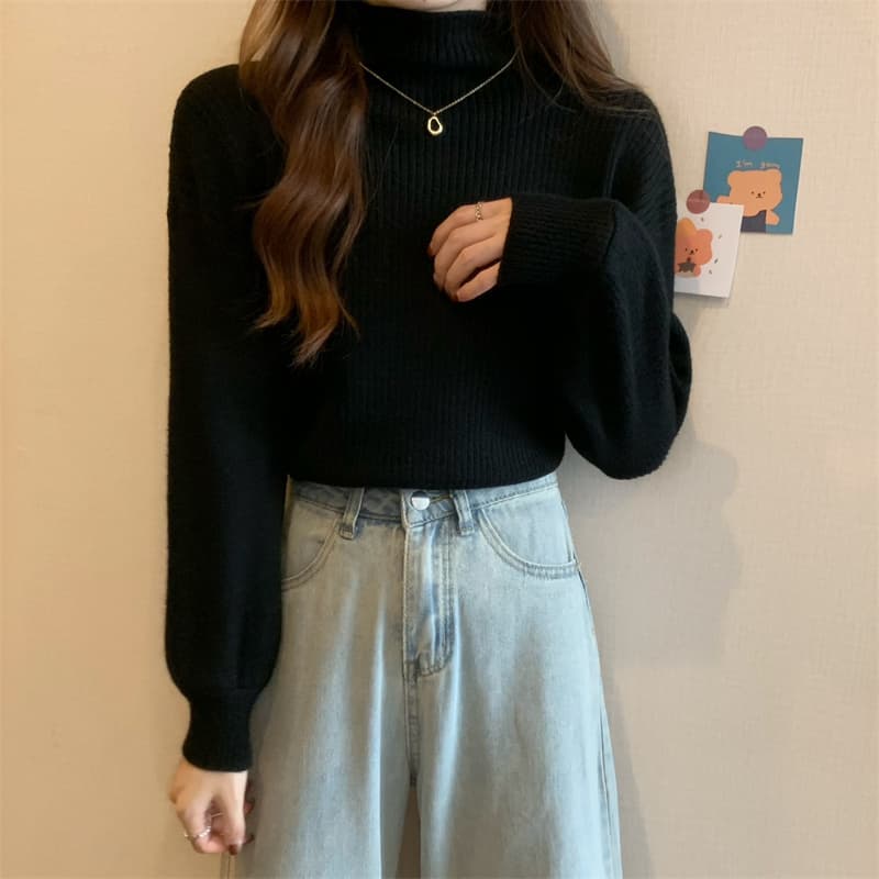 가을 겨울 한국 스타일 루즈핏 반하이넥 벌룬 소매 앤디 플러시 단색 인사이드 가져 가라. 니트 예쁜 스웨터 상세 이미지 10