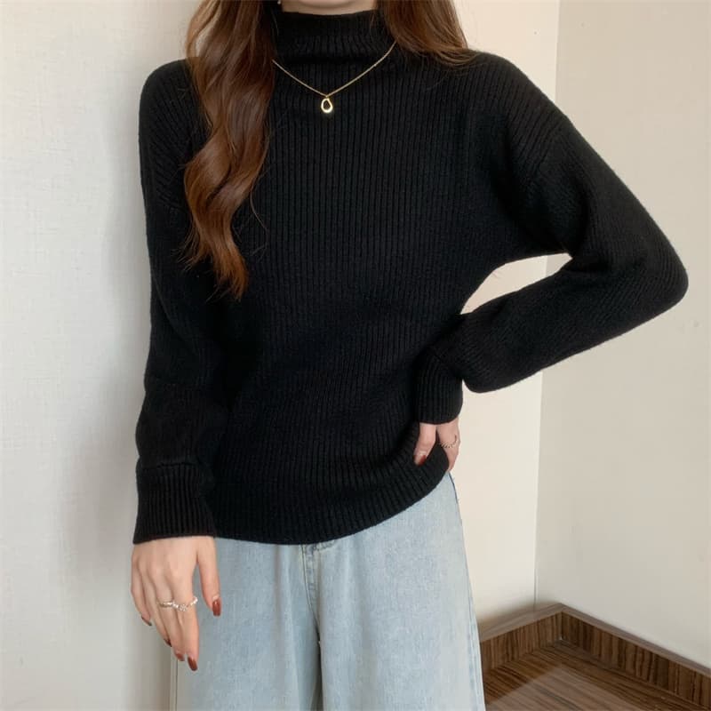 가을 겨울 한국 스타일 루즈핏 반하이넥 벌룬 소매 앤디 플러시 단색 인사이드 가져 가라. 니트 예쁜 스웨터 상세 이미지 12
