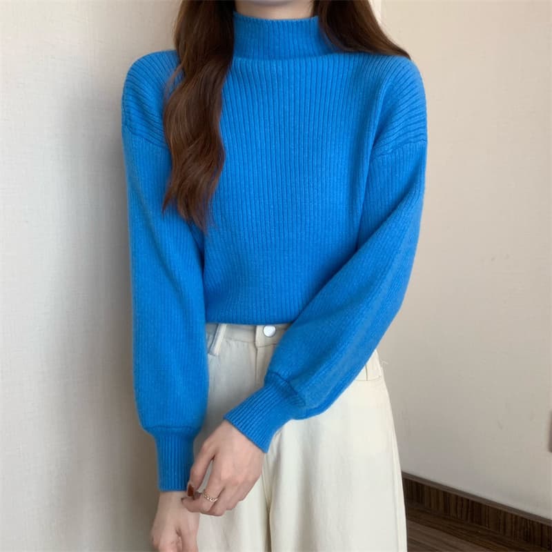 가을 겨울 한국 스타일 루즈핏 반하이넥 벌룬 소매 앤디 플러시 단색 인사이드 가져 가라. 니트 예쁜 스웨터 상세 이미지 26