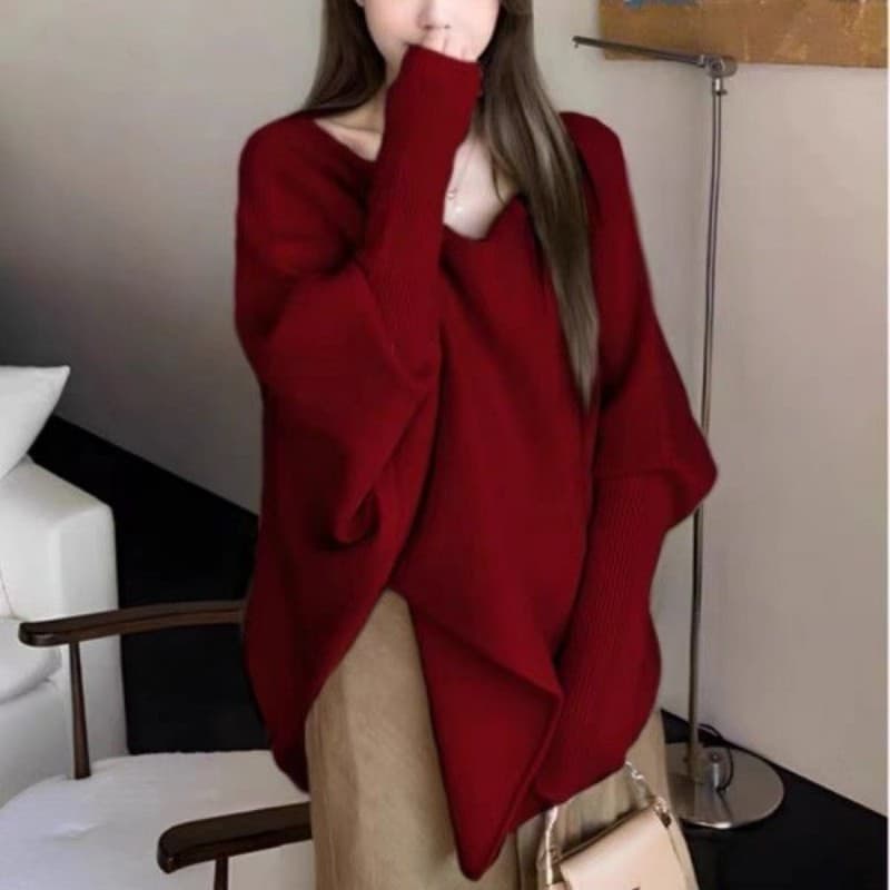 신년 빨간색 가을 겨울 출퇴근 느긋한 바람 빅 사이즈 지방 mm 불규칙 스웨터 여자 루즈핏 니트 스웨터 프랑스식 배트윙 소매 상세 이미지 3