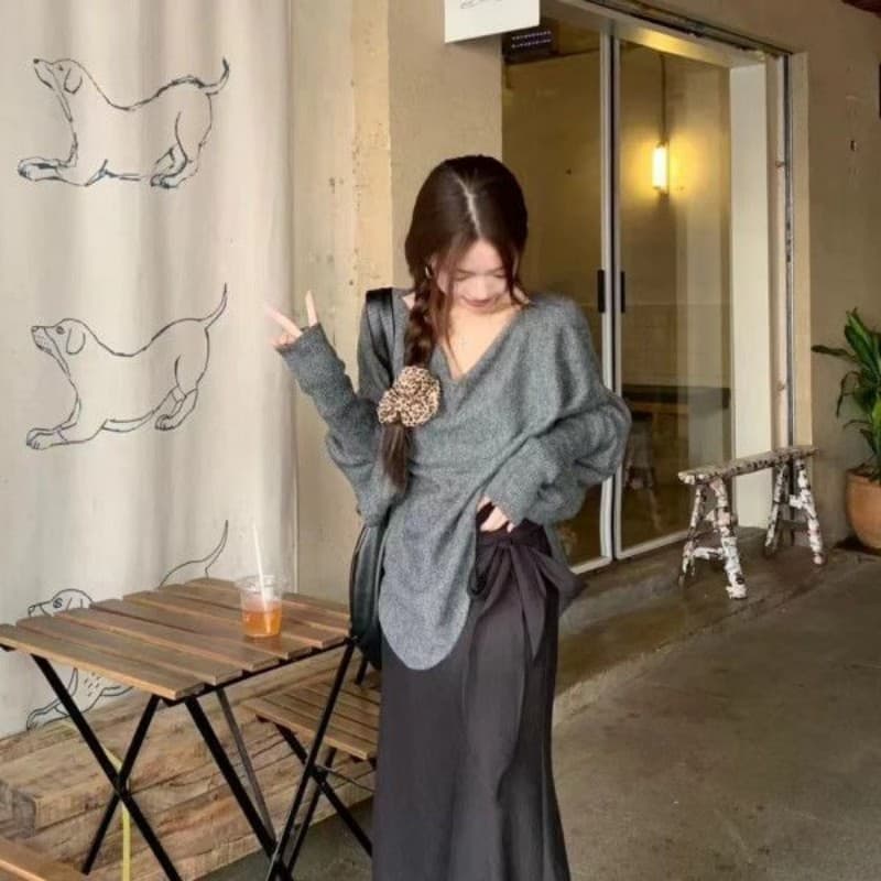 신년 빨간색 가을 겨울 출퇴근 느긋한 바람 빅 사이즈 지방 mm 불규칙 스웨터 여자 루즈핏 니트 스웨터 프랑스식 배트윙 소매 상세 이미지 6
