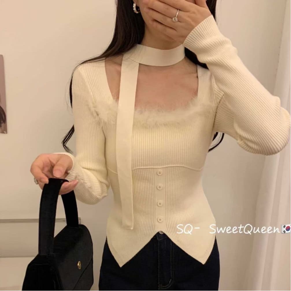 신년 빨간색 순수한 욕망 모피 패치워크 광장 칼라 니트 새로운 몸매 가꾸기 작은 대중 핫걸 인사이드 가져 가라. 쇼트 스타일 만나는 맨위 이미지 2