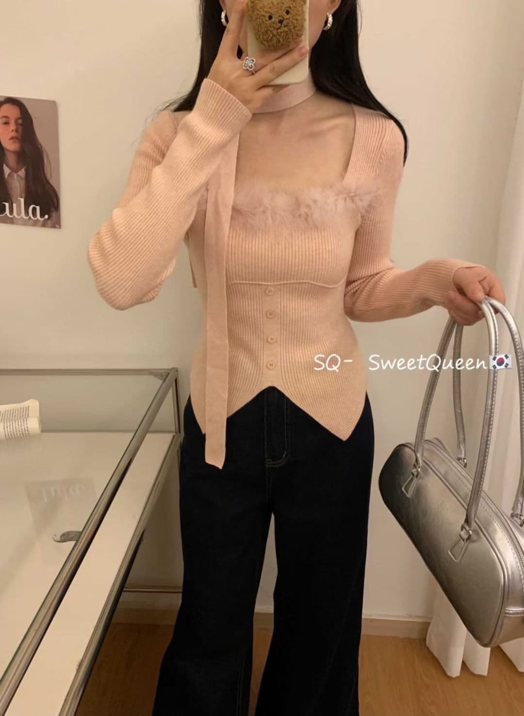 신년 빨간색 순수한 욕망 모피 패치워크 광장 칼라 니트 새로운 몸매 가꾸기 작은 대중 핫걸 인사이드 가져 가라. 쇼트 스타일 만나는 맨위 상세 이미지 1
