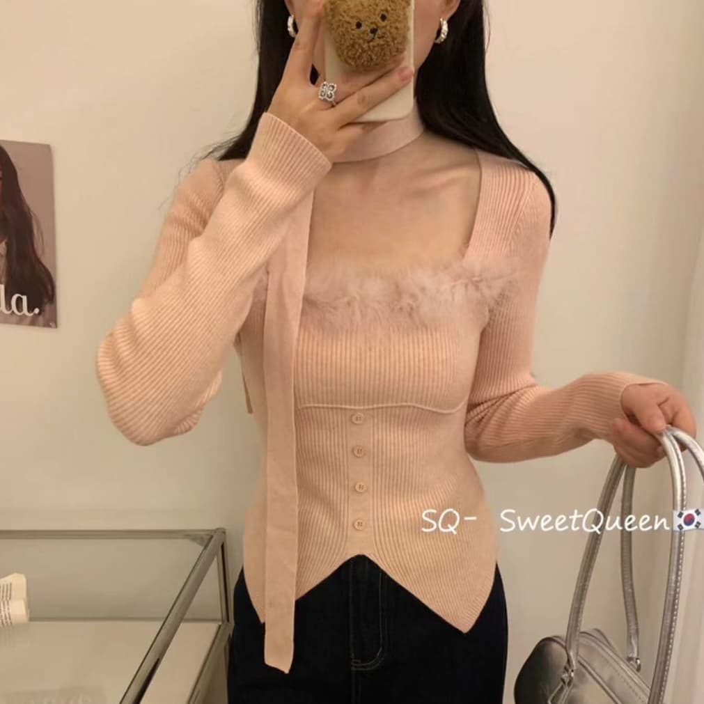 신년 빨간색 순수한 욕망 모피 패치워크 광장 칼라 니트 새로운 몸매 가꾸기 작은 대중 핫걸 인사이드 가져 가라. 쇼트 스타일 만나는 맨위 상세 이미지 2