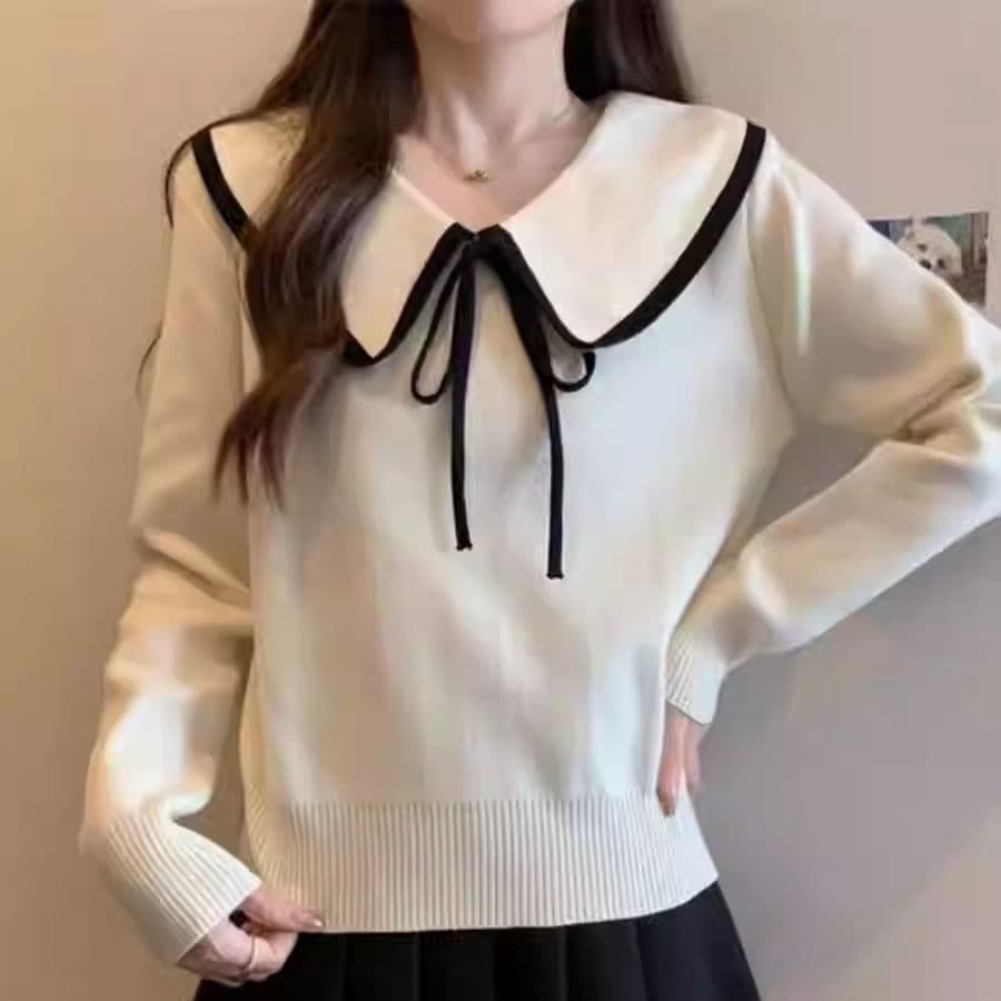 2026 년 봄 가을 새로운 다용도 레이스업 니트 스웨터 맨위 여성 루즈핏 외국 가스 베이비 칼라 기본 셔츠 스웨터 이미지 4