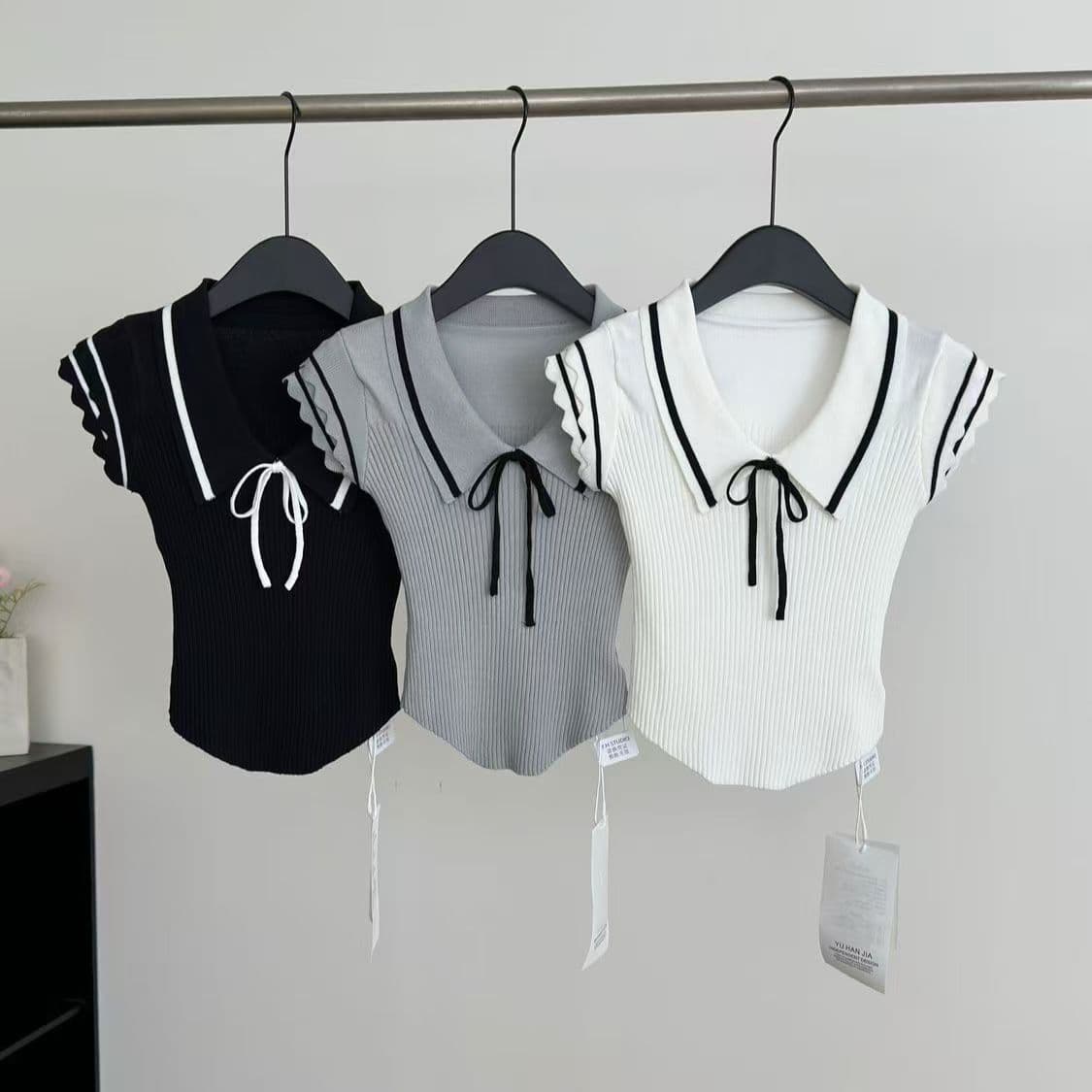 얼음 차가운 실크 여름 새로운 품격 학원 스타일 polo 폴로 칼라 몸매 가꾸기 쇼트 스타일 디스플레이 몸 니트 스웨터 반팔 상세 이미지 1