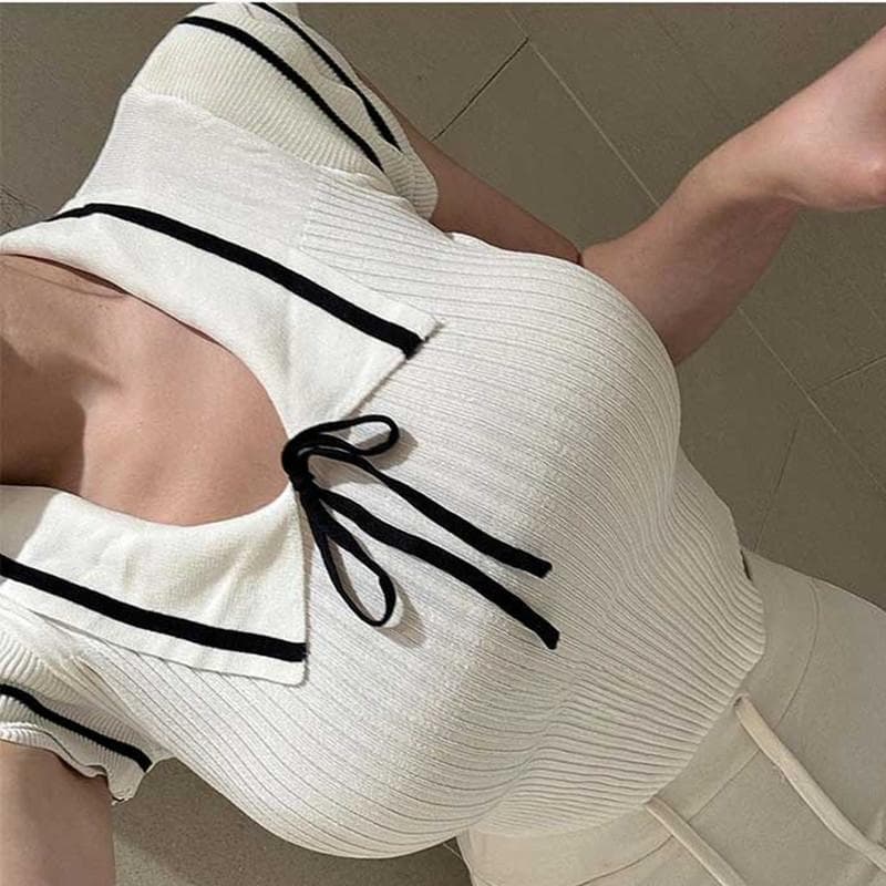얼음 차가운 실크 여름 새로운 품격 학원 스타일 polo 폴로 칼라 몸매 가꾸기 쇼트 스타일 디스플레이 몸 니트 스웨터 반팔 상세 이미지 5