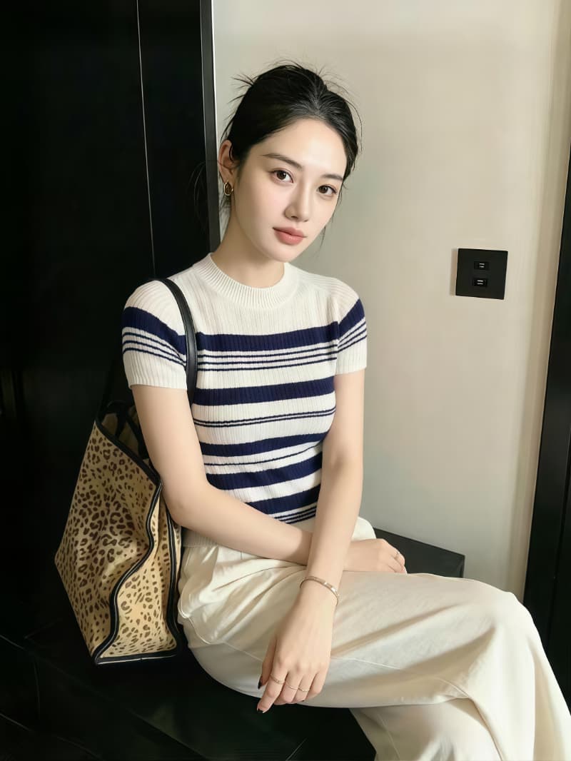 블루 화이트 스트라이프 반하이넥 디자인 센스 니트 블라우스 여성 여름 반팔 티셔츠 프랑스식 품격 오래된 돈 바람 맨위 이미지 2