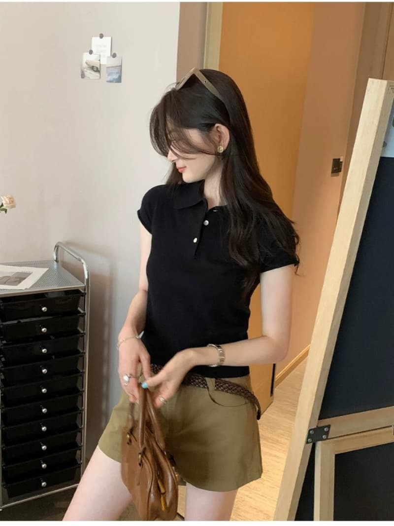 패키지 코어 실 워시 물 고급 센스 POLO 칼라 긍정적 인 어깨 몸매 가꾸기 반팔 니트 스웨터 여성 짧은 맨위 상세 이미지 25