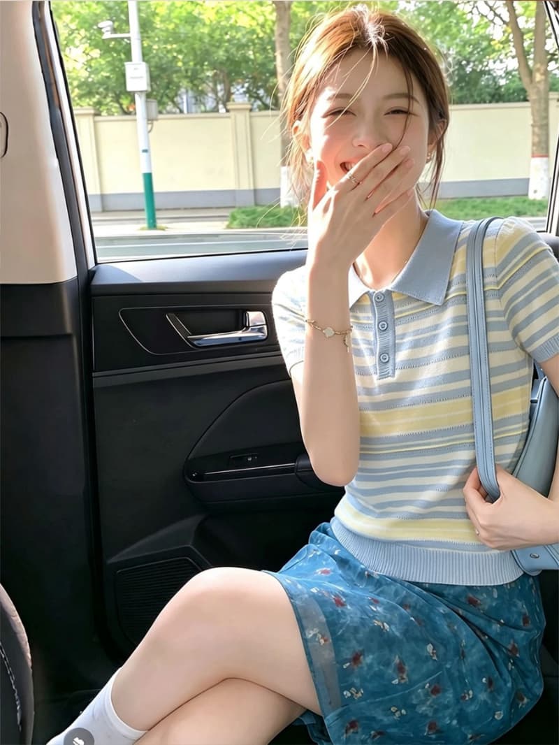 얼음 차가운 실크 워시 물 한 부서 착용 가져 가라. 파란색 스트라이프 POLO 칼라 반팔 티셔츠 여성 여름 다용도 니트 맨위 이미지 4