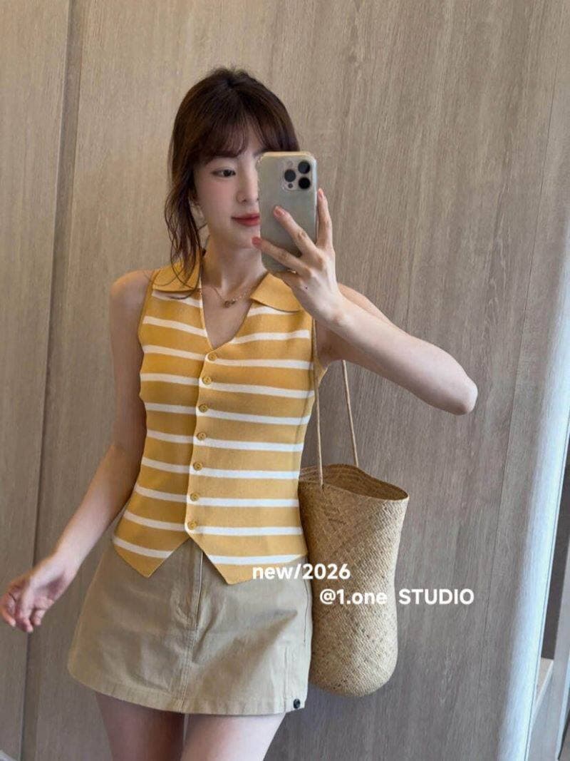 프랑스식 레트로 스트라이프 POLO 칼라 니트 조끼 여성 2026 여름 몸매 가꾸기 외국 가스 쇼트 스타일 다용도 민소매 맨위