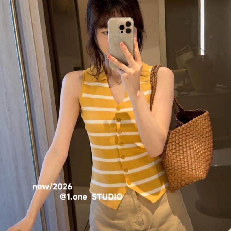 프랑스식 레트로 스트라이프 POLO 칼라 니트 조끼 여성 2026 여름 몸매 가꾸기 외국 가스 쇼트 스타일 다용도 민소매 맨위 이미지 5