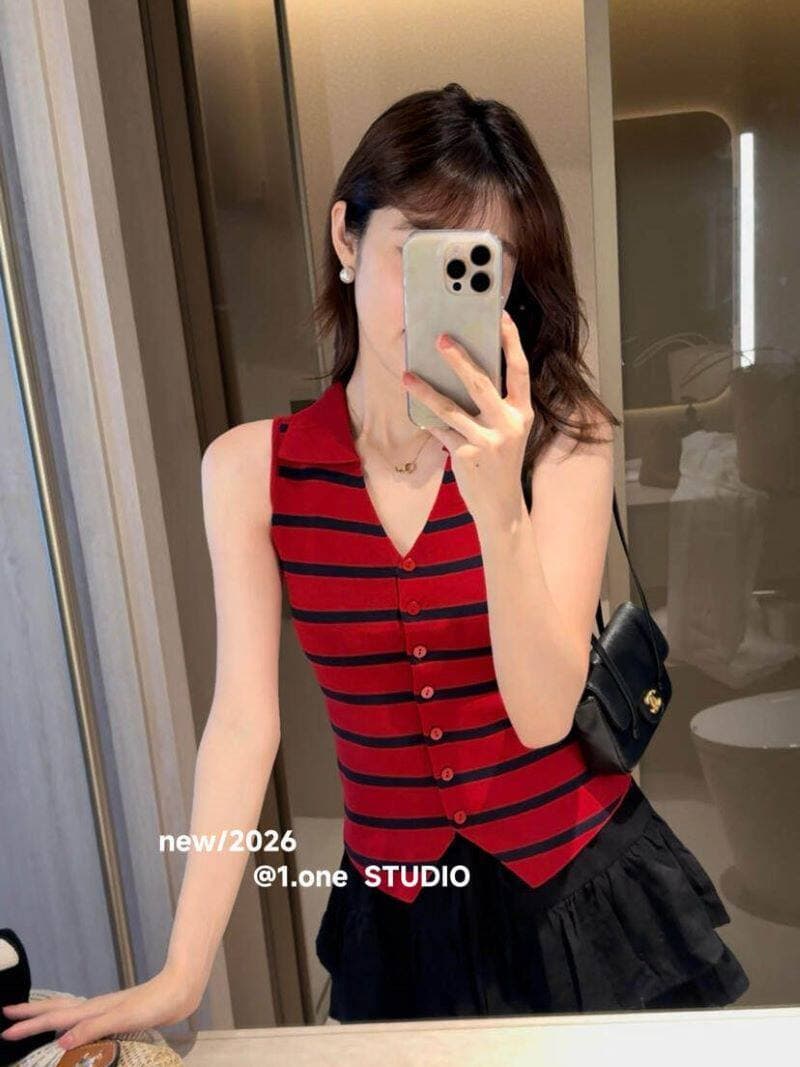 프랑스식 레트로 스트라이프 POLO 칼라 니트 조끼 여성 2026 여름 몸매 가꾸기 외국 가스 쇼트 스타일 다용도 민소매 맨위 상세 이미지 2