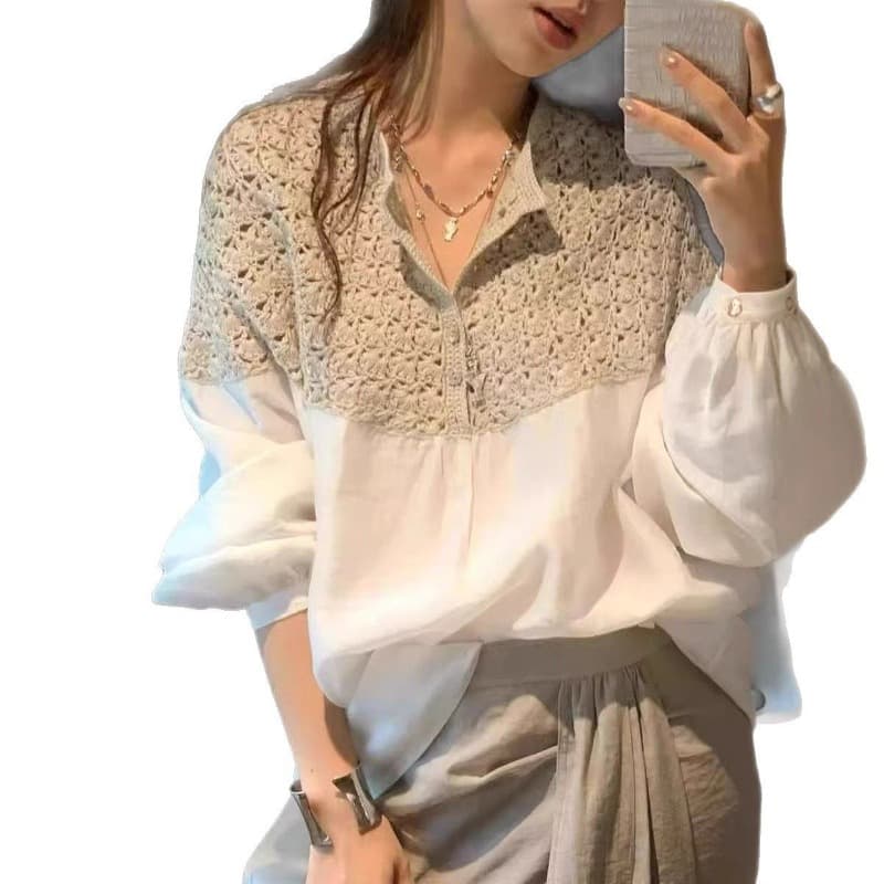 프랑스식 루즈핏 캐주얼 빛 요리 한 바람 화이트 패치워크 여성 셔츠 2026 년 봄 가을 새로운 고유 한 절묘한 맨위 이미지 5
