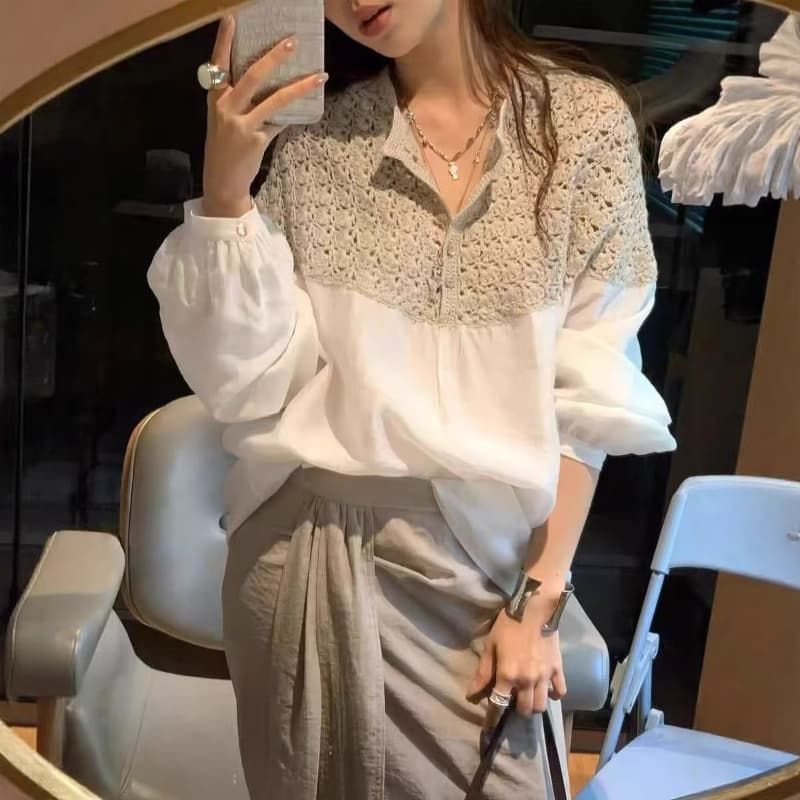 프랑스식 루즈핏 캐주얼 빛 요리 한 바람 화이트 패치워크 여성 셔츠 2026 년 봄 가을 새로운 고유 한 절묘한 맨위 상세 이미지 4