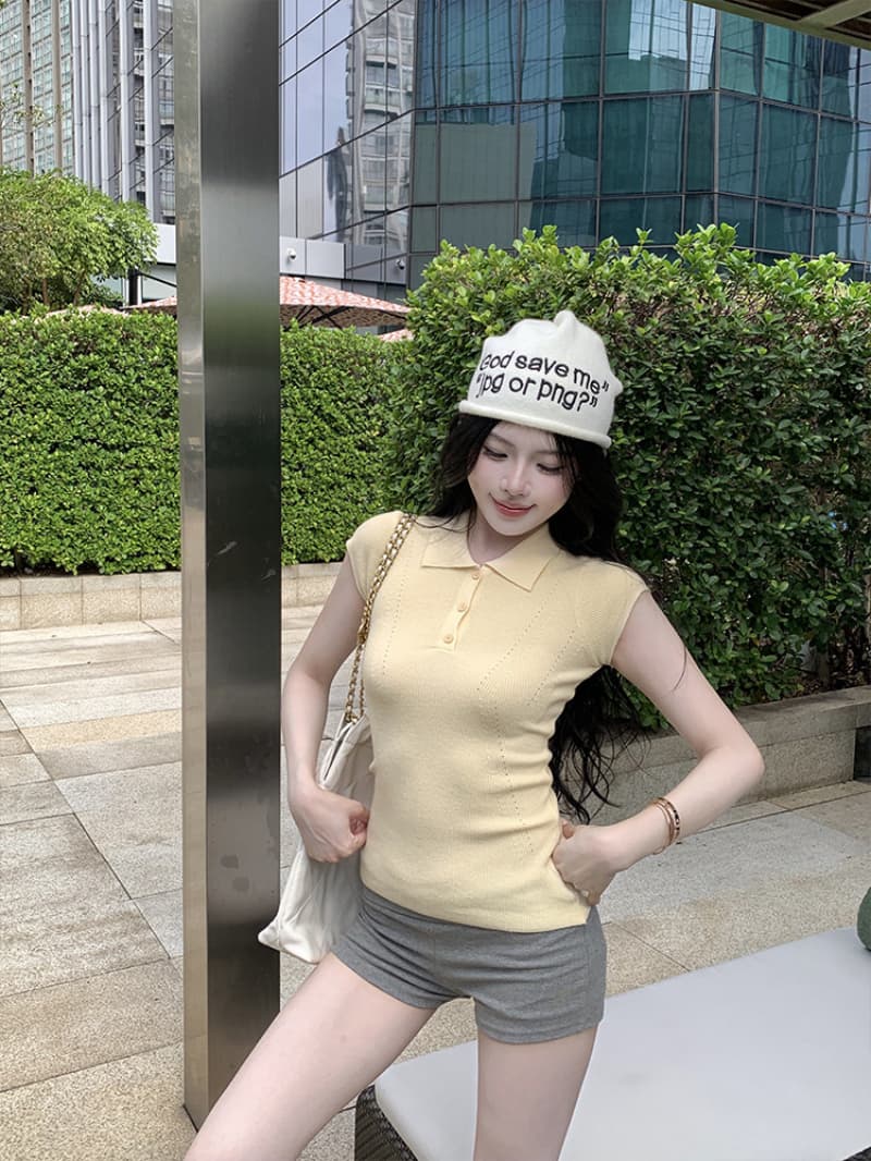 폴로 칼라 니트 반팔 티셔츠 여성 여름 2026 새로운 한 부서 몸매 가꾸기 슬림해 보이는 POLO 칼라 작은 날다 소매 맨위 트렌디 상세 이미지 6
