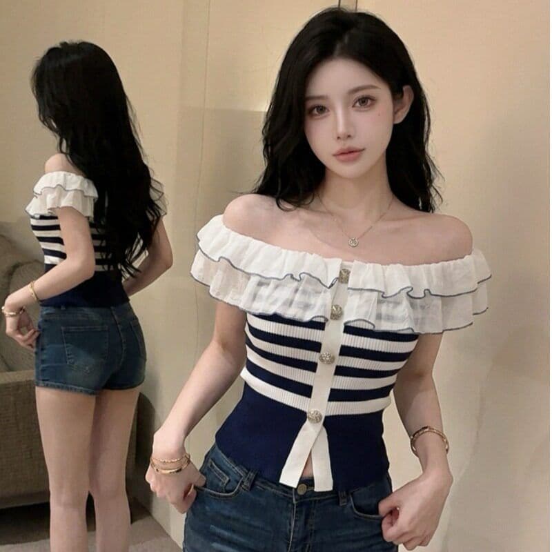 얼음 차가운 실크 오프숄더 프릴 여성 여름 배색 프릴 스트라이프 니트 쇼트 스타일 작은 셔츠 이미지 2