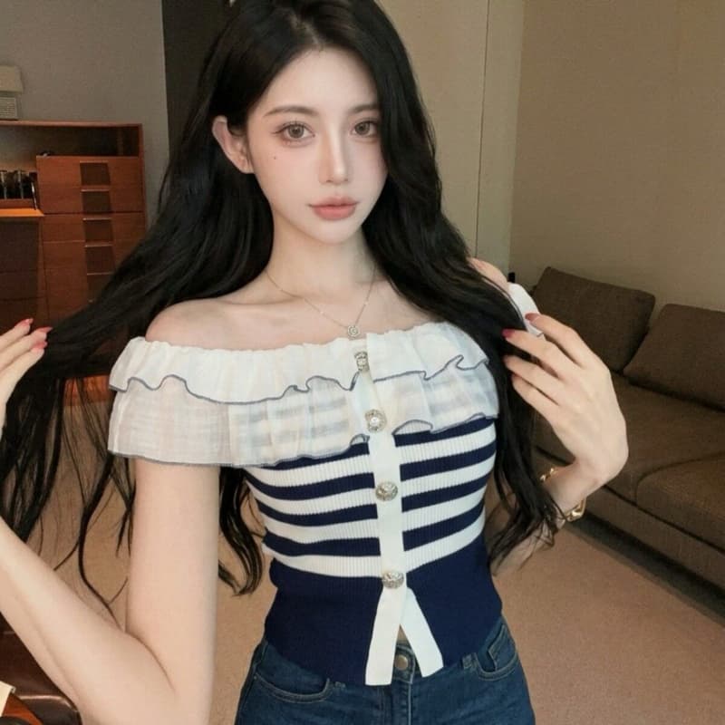 얼음 차가운 실크 오프숄더 프릴 여성 여름 배색 프릴 스트라이프 니트 쇼트 스타일 작은 셔츠