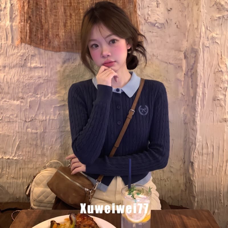 북극 플러시 워시 물 이른 가을 새로운 페이크 레이어드 배색 POLO 칼라 긴팔 니트 오픈 가디건 맨위 여성 이미지 5