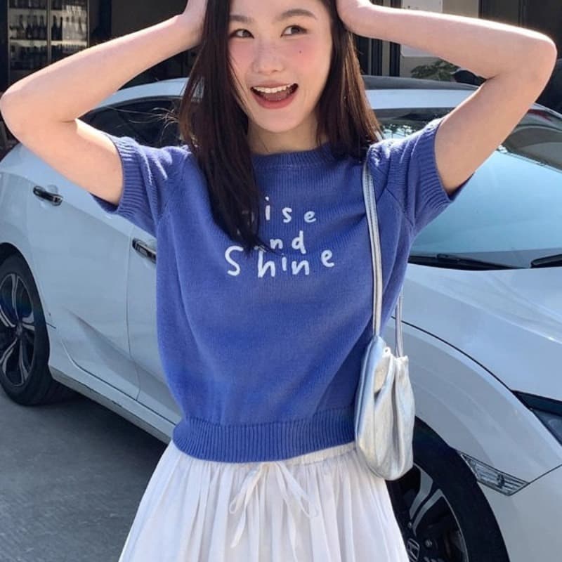 봄 여름 새로운 작은 루즈핏 쇼트 스타일 맨위 티셔츠 미니멀리즘 느슨함 센스 배색 알파벳 자수 반팔 니트 스웨터 여성 이미지 5