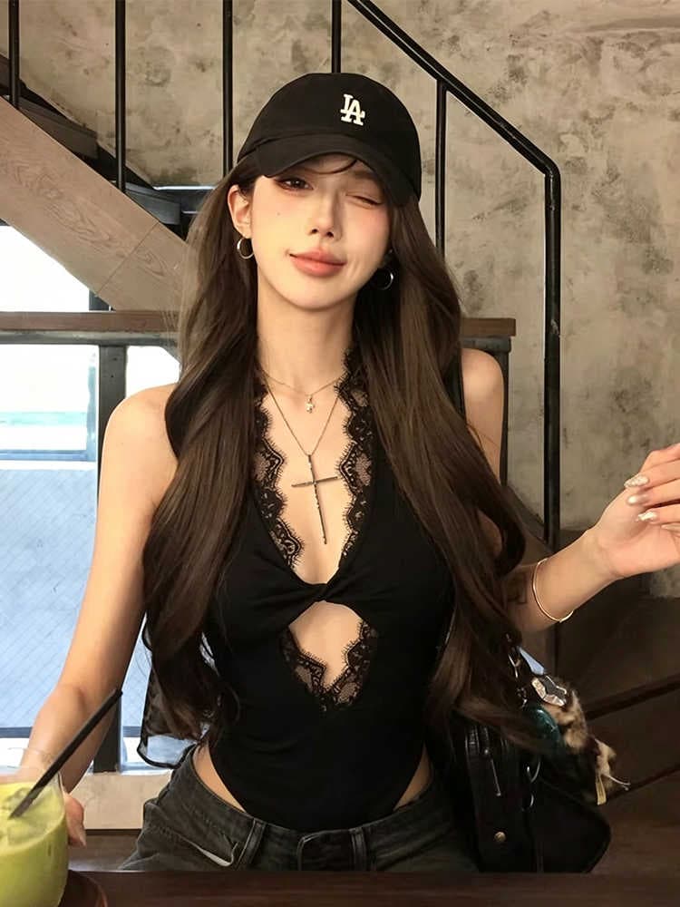 섹시함 핫걸 레이스 매듭 홀로우 아웃 민소매 올인원 조끼 여성 디자인 센스 디자인 센스 V넥 몸매 가꾸기 맨위 트렌디 상세 이미지 3