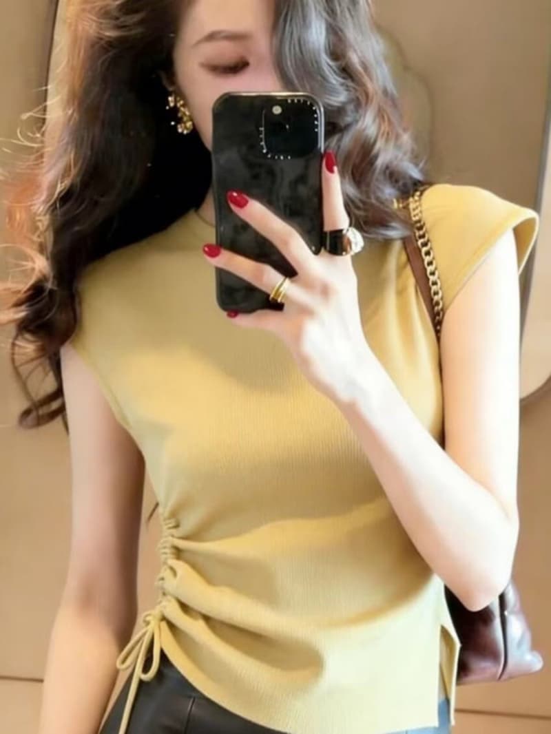 얼음 실크 톰 글 래 원인 블루 펌프 로프 민소매 어깨 맨위 여성 여름 작은 심장 기계 뒤로 홀로우 아웃 니트 스웨터 이미지 3