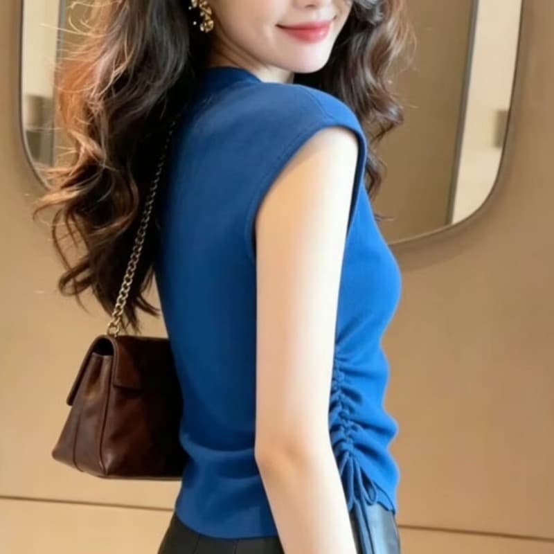 얼음 실크 톰 글 래 원인 블루 펌프 로프 민소매 어깨 맨위 여성 여름 작은 심장 기계 뒤로 홀로우 아웃 니트 스웨터 이미지 5