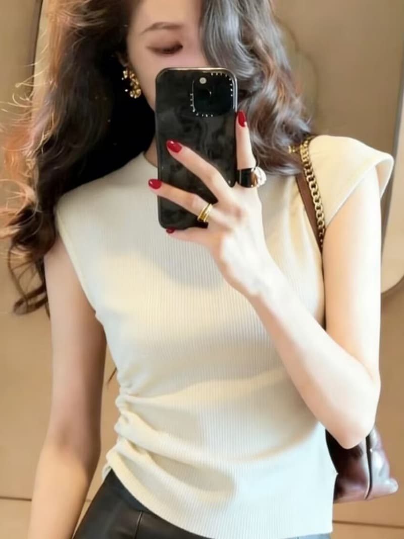 얼음 실크 톰 글 래 원인 블루 펌프 로프 민소매 어깨 맨위 여성 여름 작은 심장 기계 뒤로 홀로우 아웃 니트 스웨터 상세 이미지 4