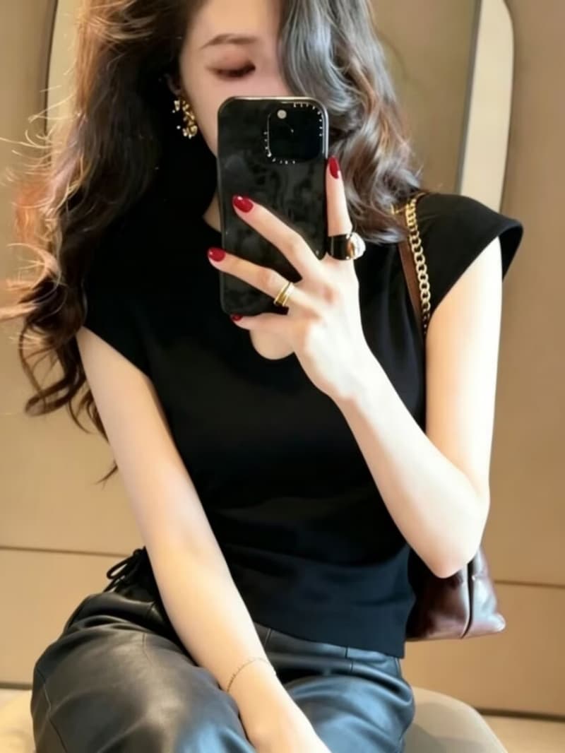 얼음 실크 톰 글 래 원인 블루 펌프 로프 민소매 어깨 맨위 여성 여름 작은 심장 기계 뒤로 홀로우 아웃 니트 스웨터 상세 이미지 10