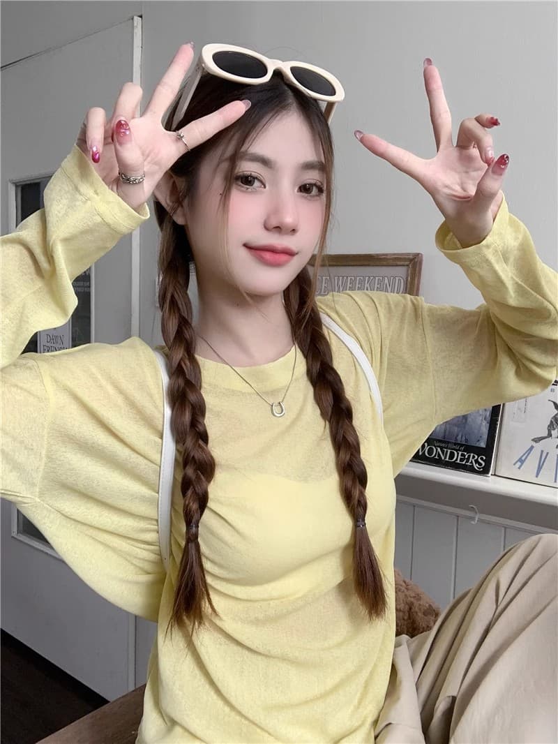 한 부서 황색 자외선 차단 긴팔 티셔츠 여성 여름 다용도 루즈핏 얇은 스타일 에어컨 셔츠 캐주얼 chic 맨위 상세 이미지 20