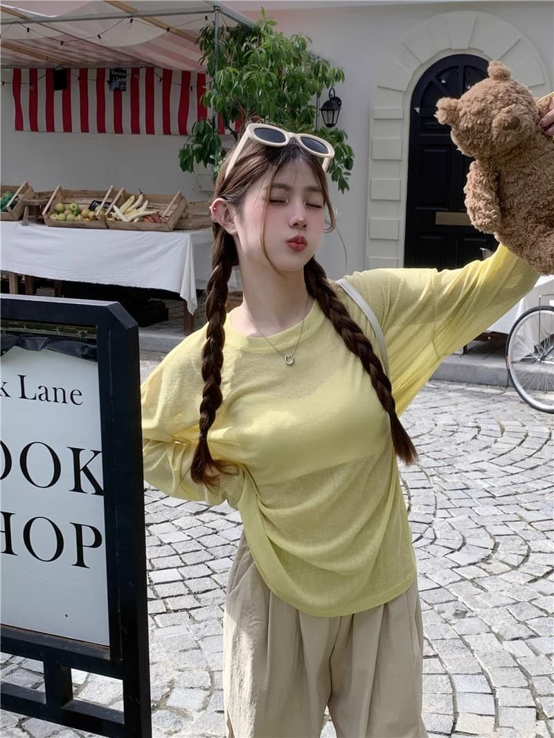 한 부서 황색 자외선 차단 긴팔 티셔츠 여성 여름 다용도 루즈핏 얇은 스타일 에어컨 셔츠 캐주얼 chic 맨위 상세 이미지 21