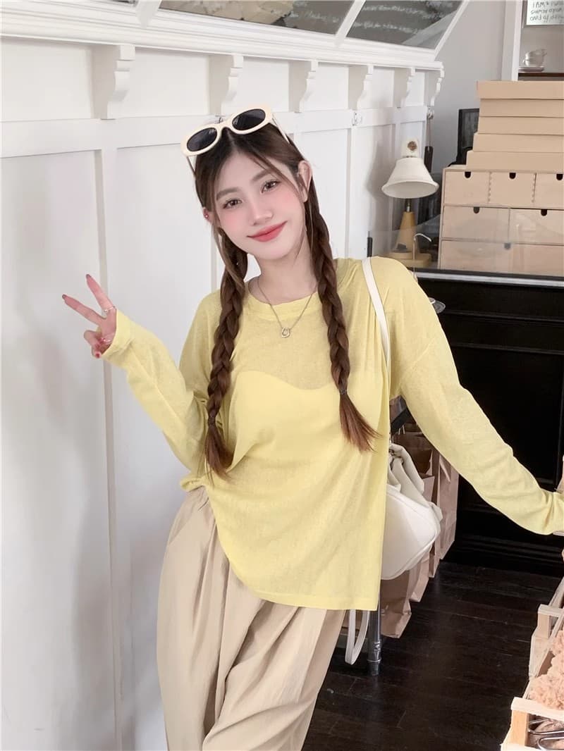 한 부서 황색 자외선 차단 긴팔 티셔츠 여성 여름 다용도 루즈핏 얇은 스타일 에어컨 셔츠 캐주얼 chic 맨위 상세 이미지 24