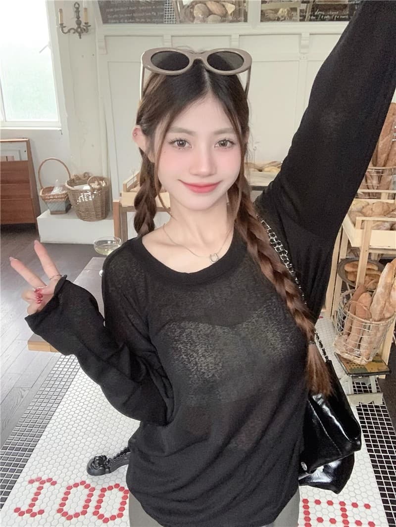 한 부서 황색 자외선 차단 긴팔 티셔츠 여성 여름 다용도 루즈핏 얇은 스타일 에어컨 셔츠 캐주얼 chic 맨위 상세 이미지 28