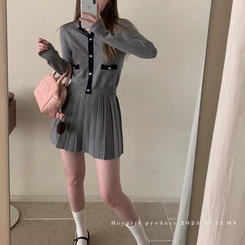 miu 부서 천 골드 한 부서 절묘한 세트 여성 이른 가을 니트 오픈 가디건 플리츠 스커트 투피스 세트
