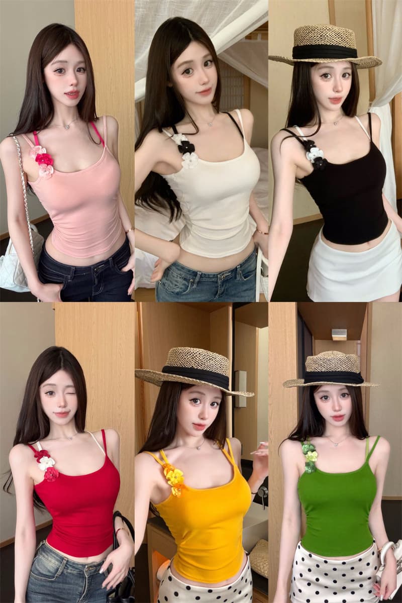 벨트 가슴 패드 태국 사람 스타일 3 차원 꽃 더블 어깨끈 캐미솔 여름 핫걸 몸매 가꾸기 민소매 맨위 상세 이미지 2