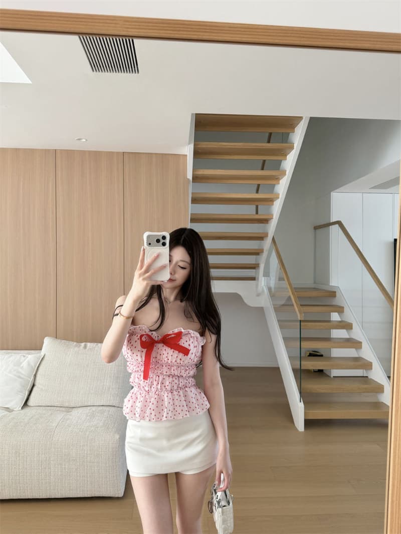 벨트 가슴 패드 달콤한 스타일 도트 무늬 튜브탑 캐미솔 여름 프릴 허리 수축 나비 매듭 맨위 상세 이미지 6