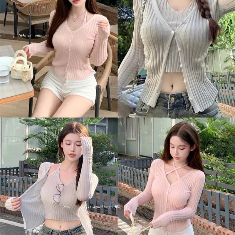 순수한 욕망 바람 섹시함 핫걸 행침 목 긴팔 니트 스웨터 여성 의류 몸매 가꾸기 슬림해 보이는 품격 여름 핑크색 다용도 맨위 이미지 5