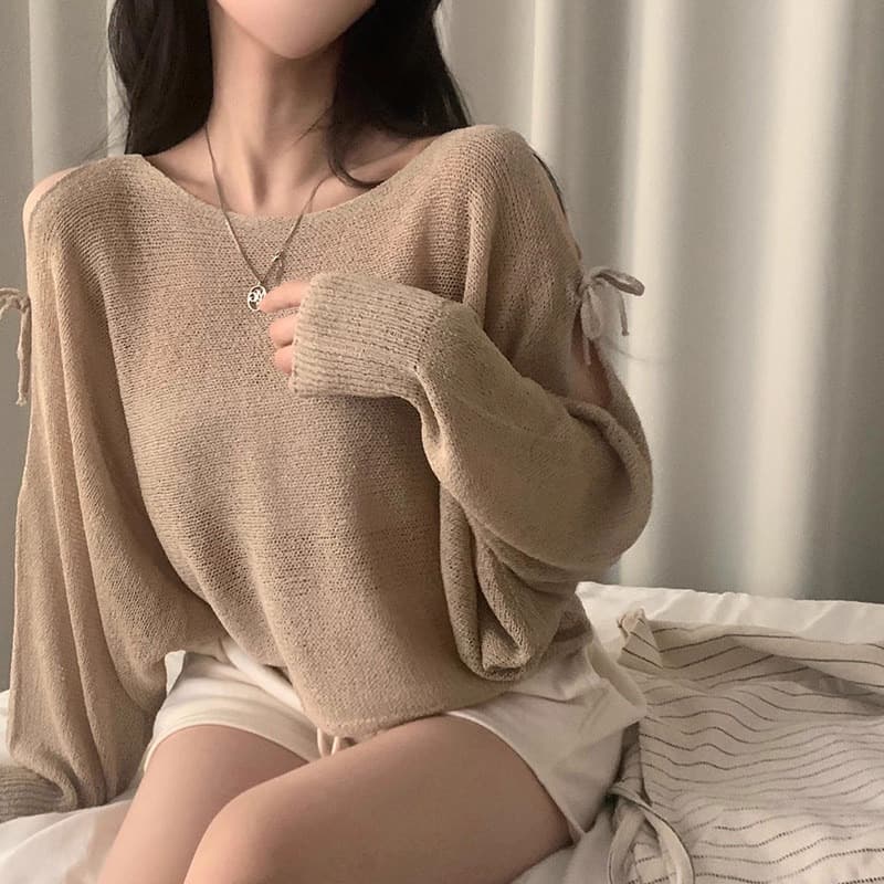 서클 실 워시 물 여름 프랑스식 디자인 센스 홀로우 아웃 스트랩 나비 매듭 루즈핏 긴팔 자외선 차단 니트 블라우스 이미지 5