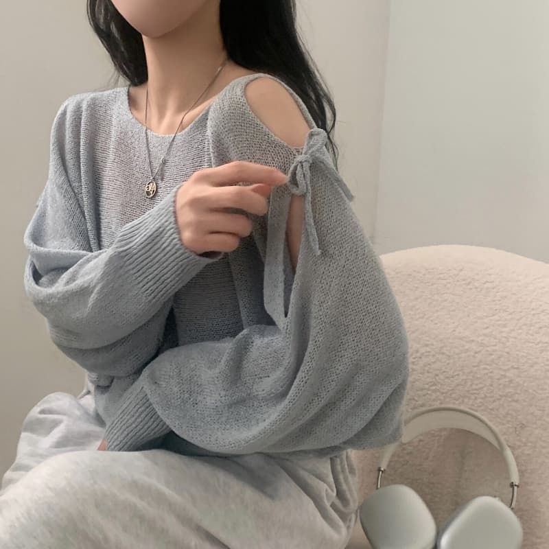 서클 실 워시 물 여름 프랑스식 디자인 센스 홀로우 아웃 스트랩 나비 매듭 루즈핏 긴팔 자외선 차단 니트 블라우스 상세 이미지 9