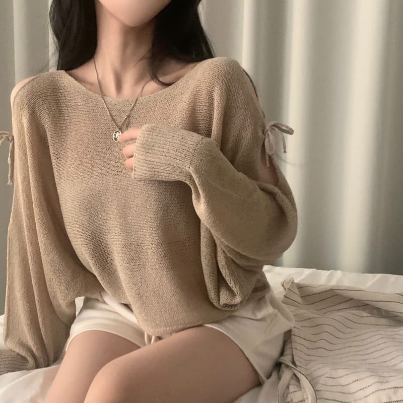 서클 실 워시 물 여름 프랑스식 디자인 센스 홀로우 아웃 스트랩 나비 매듭 루즈핏 긴팔 자외선 차단 니트 블라우스 상세 이미지 15