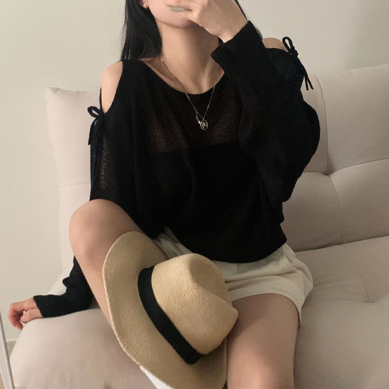 서클 실 워시 물 여름 프랑스식 디자인 센스 홀로우 아웃 스트랩 나비 매듭 루즈핏 긴팔 자외선 차단 니트 블라우스 상세 이미지 19
