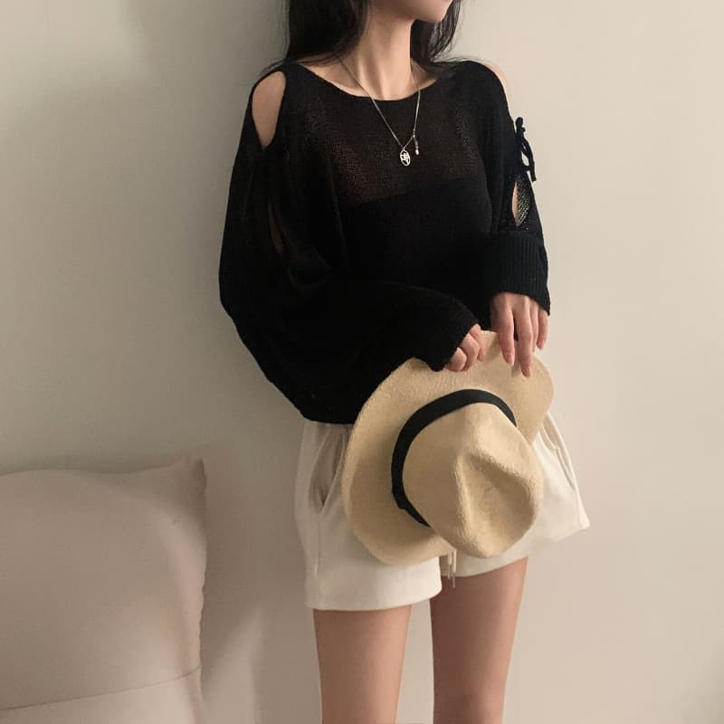 서클 실 워시 물 여름 프랑스식 디자인 센스 홀로우 아웃 스트랩 나비 매듭 루즈핏 긴팔 자외선 차단 니트 블라우스 상세 이미지 20