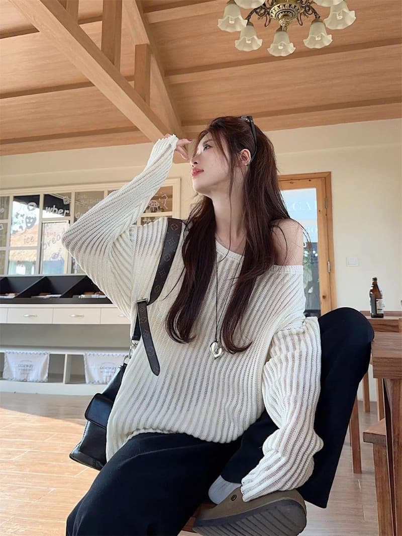 모방 아마 느긋한 바람 홀로우 아웃 비스듬한 어깨 긴팔 니트 스웨터 블라우스 여성 루즈핏 캐주얼 오프숄더 맨위 상세 이미지 2